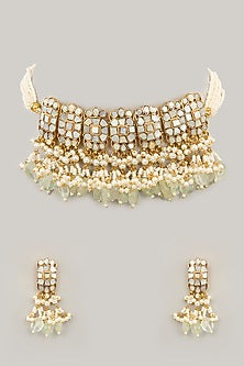 Gold Plated Jadau Kundan Polki & Natural Semi-precious Stone Choker Necklace Set