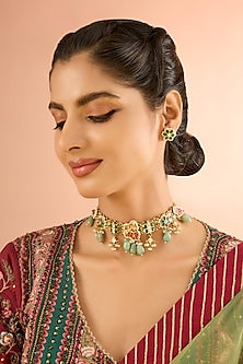 Gold Plated Jadau Kundan Polki & Natural Semi-precious Stone Choker Necklace Set