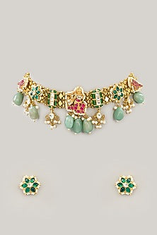 Gold Plated Jadau Kundan Polki & Natural Semi-precious Stone Choker Necklace Set