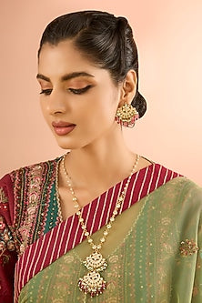 Gold Plated Jadau Kundan Polki & Natural Gemstone Long Pendant necklace Set