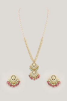 Gold Plated Jadau Kundan Polki & Natural Gemstone Long Pendant necklace Set