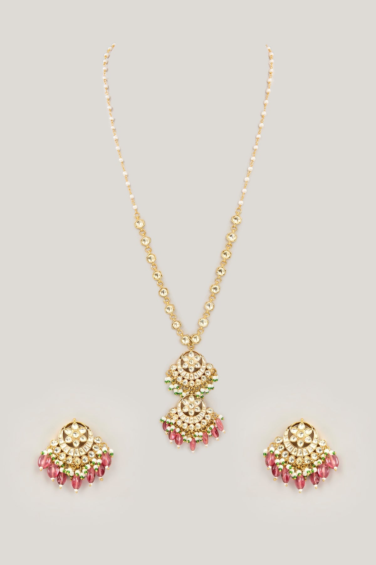 Gold Plated Jadau Kundan Polki & Natural Gemstone Long Pendant necklace Set