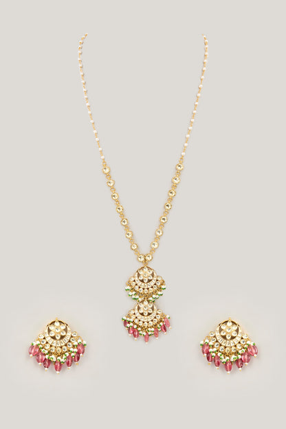 Gold Plated Jadau Kundan Polki & Natural Gemstone Long Pendant necklace Set