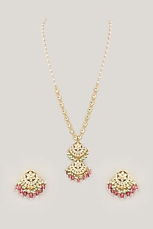Gold Plated Jadau Kundan Polki & Natural Gemstone Long Pendant necklace Set