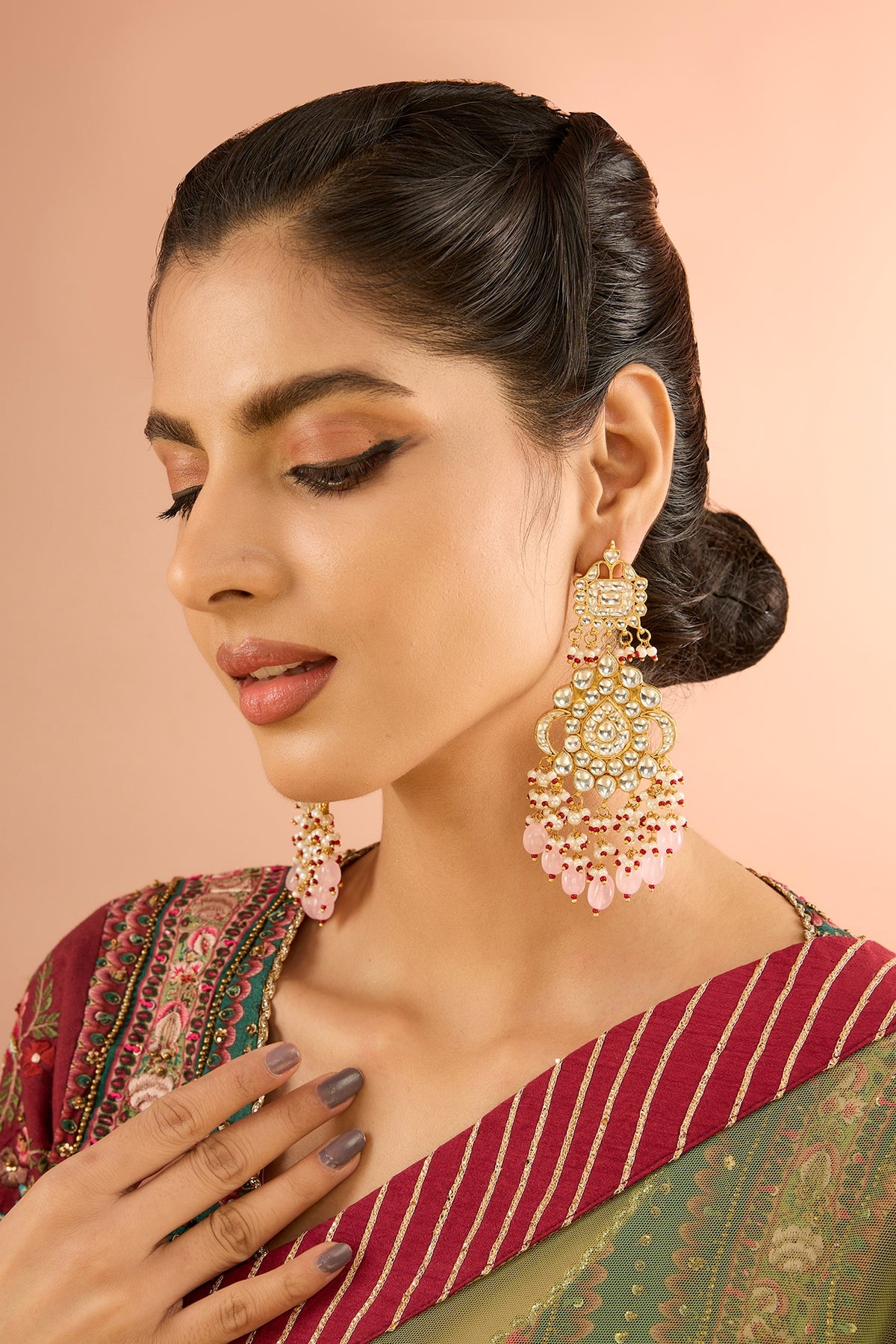 Gold Plated Jadau Kundan Polki & Natural Gemstone Chandbali Earrings