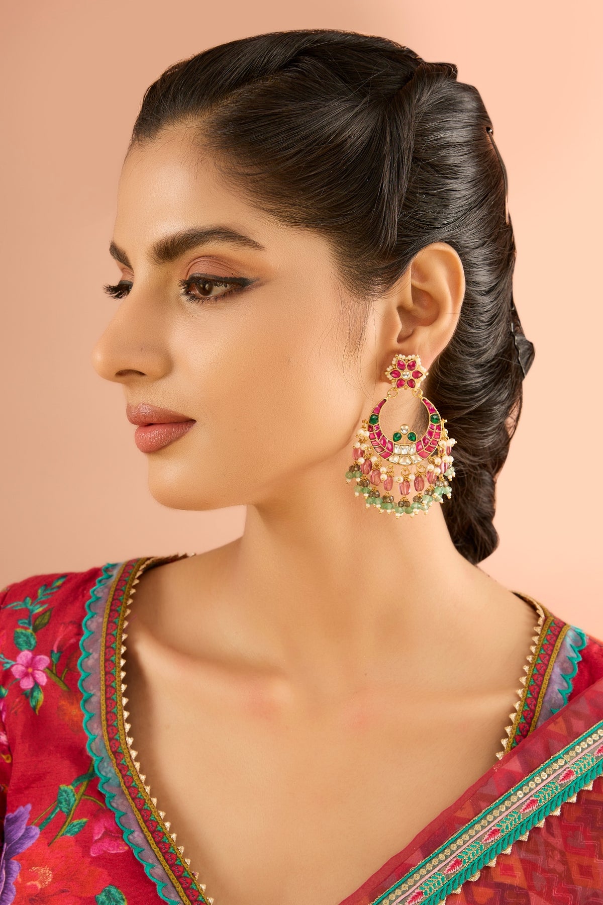 Gold Plated Jadau Kundan Polki & Natural Gemstone Chandbali Earrings