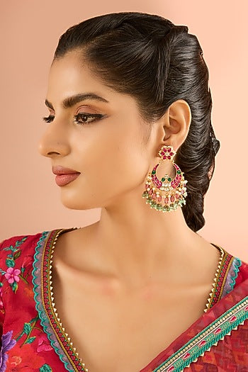 Gold Plated Jadau Kundan Polki & Natural Gemstone Chandbali Earrings