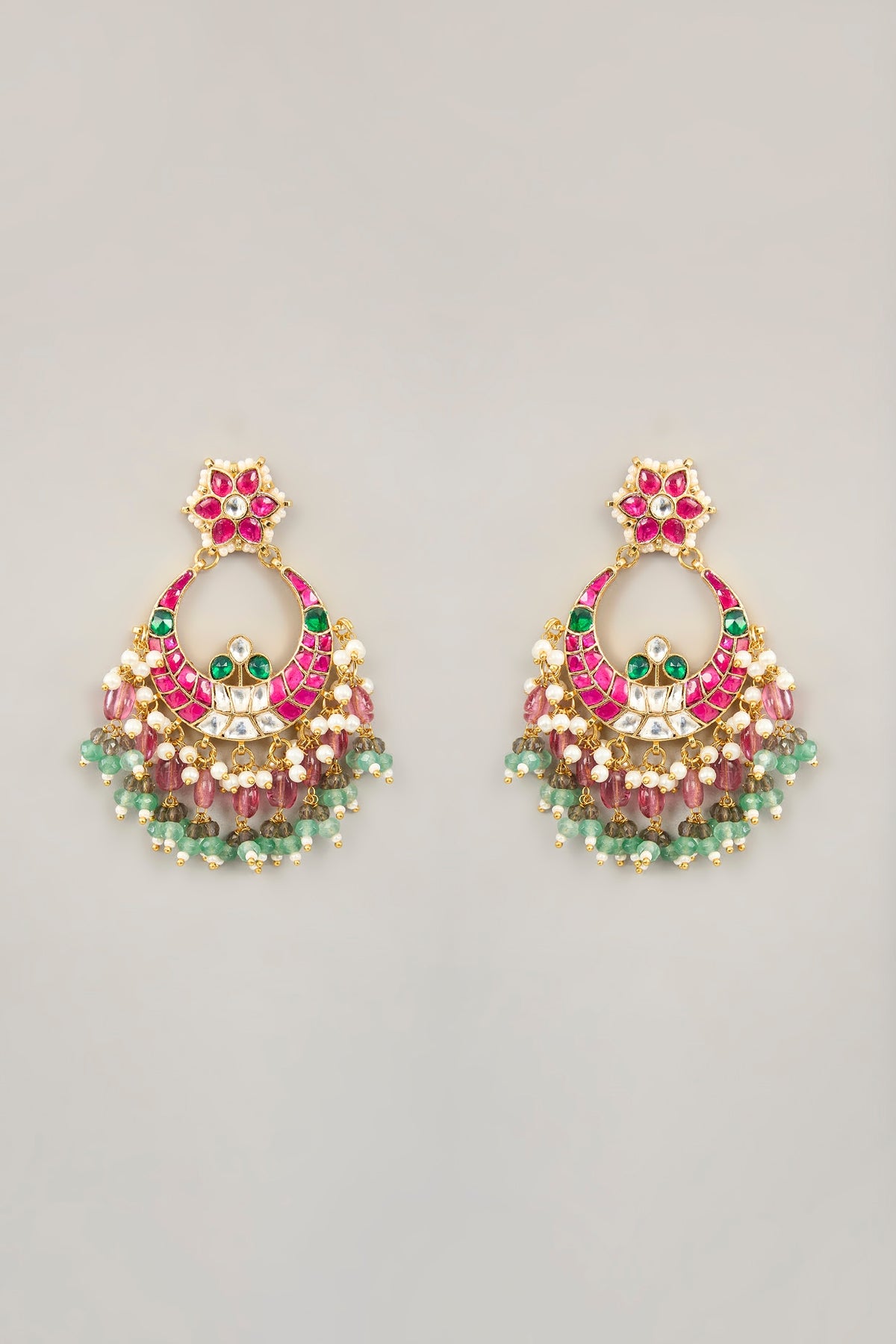 Gold Plated Jadau Kundan Polki & Natural Gemstone Chandbali Earrings