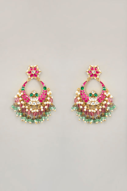 Gold Plated Jadau Kundan Polki & Natural Gemstone Chandbali Earrings