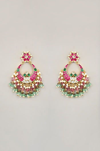 Gold Plated Jadau Kundan Polki & Natural Gemstone Chandbali Earrings
