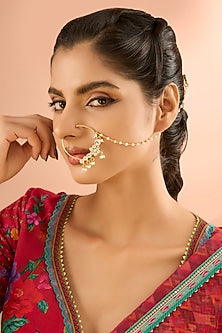 Gold Plated Jadau Kundan Polki & Natural Gemstone Nose Ring
