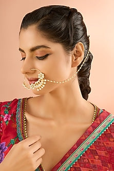 Gold Plated Jadau Kundan Polki & Natural Gemstone Nose Ring