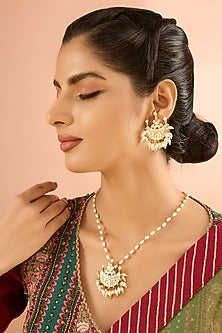 Gold Plated Mother of pearl & Natural Gemstone Long Pendant Necklace Set