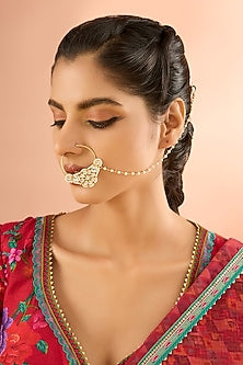 Gold Plated Jadau Kundan Polki & Natural Gemstone Nose Ring