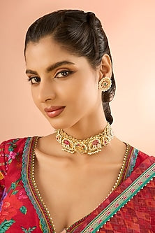 Gold Plated Jadau Kundan Polki & Natural Gemstone Choker Necklace Set