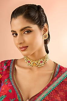 Gold Plated Jadau Kundan Polki & Natural Gemstone Choker Necklace Set