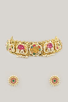 Gold Plated Jadau Kundan Polki & Natural Gemstone Choker Necklace Set