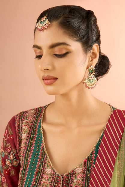 Gold Plated Jadau Kundan Polki & Natural Gemstone Dangler Earrings With Maangtikka