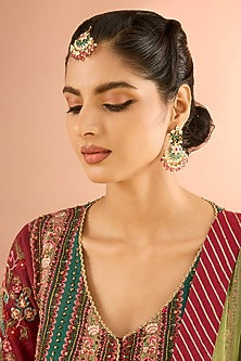 Gold Plated Jadau Kundan Polki & Natural Gemstone Dangler Earrings With Maangtikka