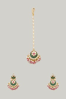 Gold Plated Jadau Kundan Polki & Natural Gemstone Dangler Earrings With Maangtikka