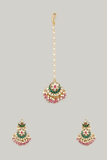 Gold Plated Jadau Kundan Polki & Natural Gemstone Dangler Earrings With Maangtikka