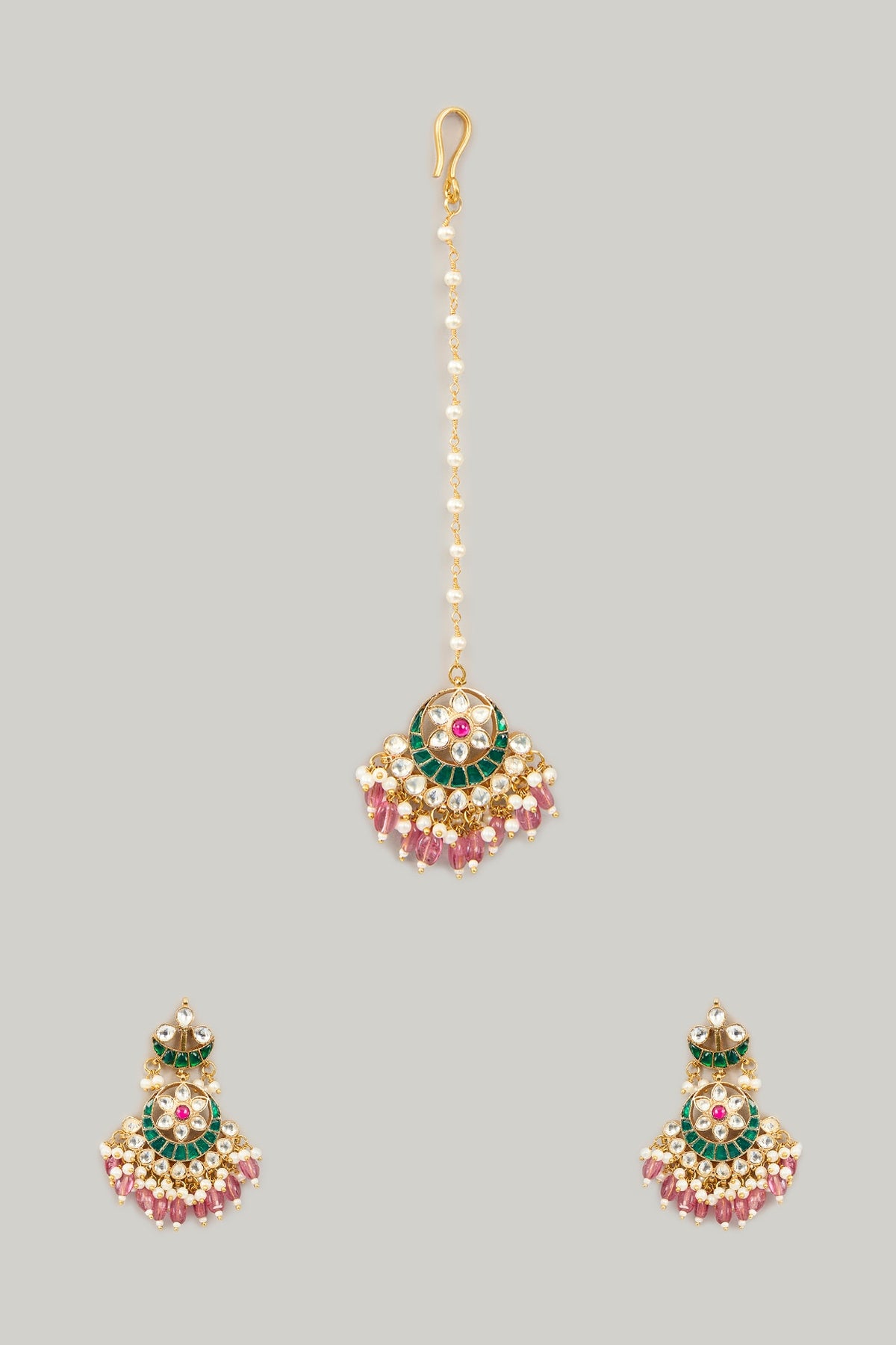 Gold Plated Jadau Kundan Polki & Natural Gemstone Dangler Earrings With Maangtikka