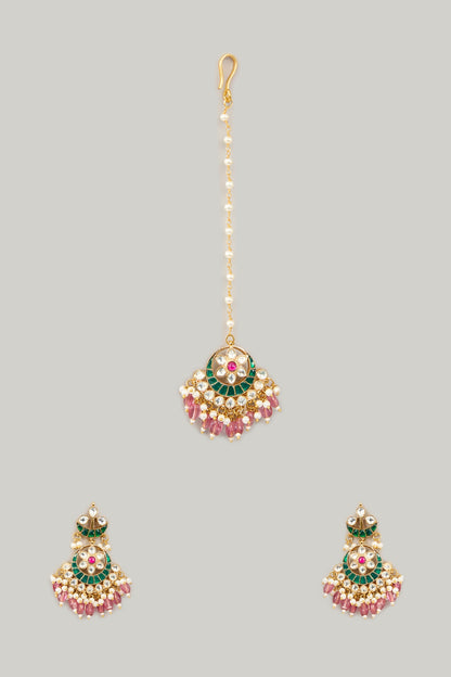 Gold Plated Jadau Kundan Polki & Natural Gemstone Dangler Earrings With Maangtikka