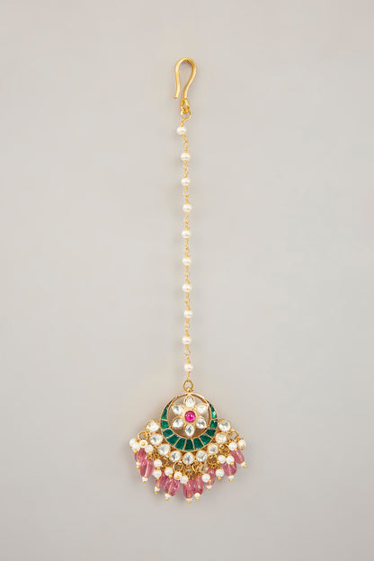 Gold Plated Jadau Kundan Polki & Natural Gemstone Dangler Earrings With Maangtikka