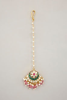 Gold Plated Jadau Kundan Polki & Natural Gemstone Dangler Earrings With Maangtikka