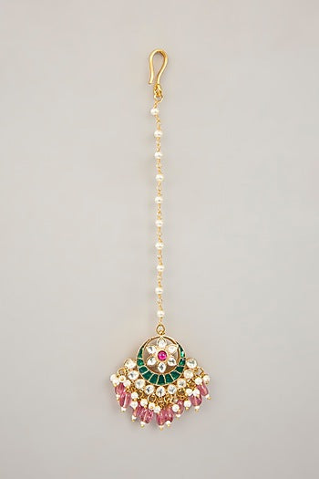 Gold Plated Jadau Kundan Polki & Natural Gemstone Dangler Earrings With Maangtikka