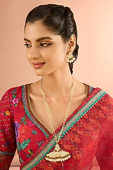 Gold Plated Jadau Kundan Polki & Natural Gemstone Long Necklace Set