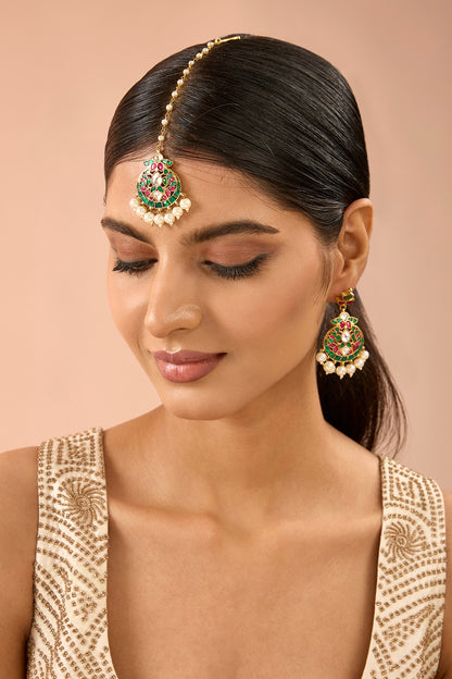 Gold Plated Jadau Kundan Polki & Natural Gemstone Dangler Earrings With Maangtikka