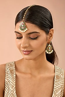Gold Plated Jadau Kundan Polki & Natural Gemstone Dangler Earrings With Maangtikka