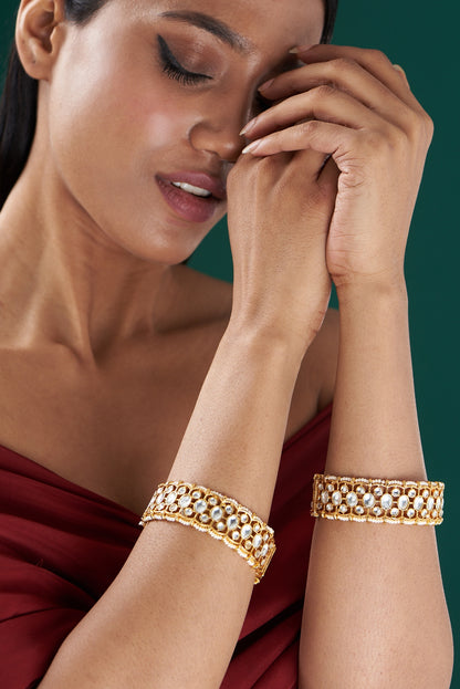 Gold Plated Kundan Bangles In Copper (Set of 2)