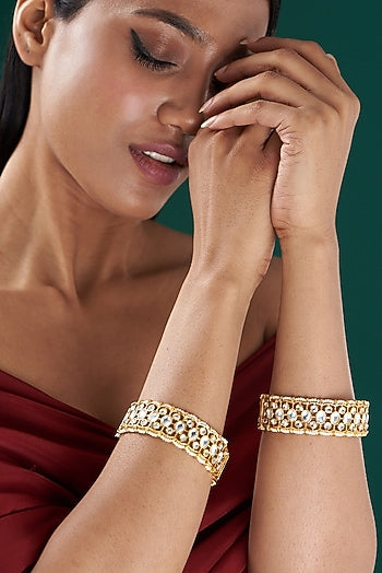 Gold Plated Kundan Bangles In Copper (Set of 2)