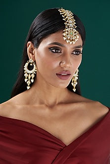 Gold Plated Dangler Earrings With Maang Tikka