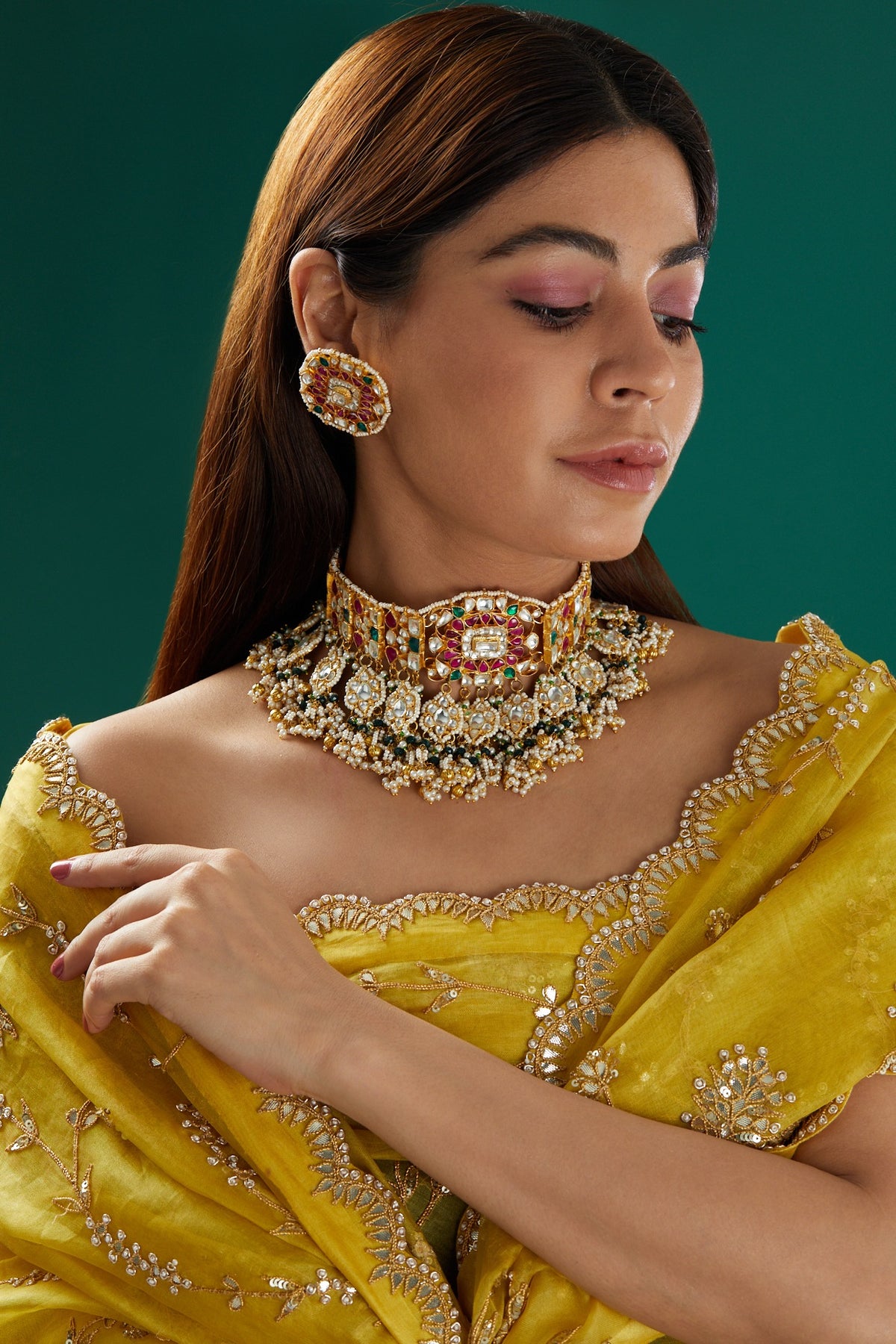 Gold Plated Semi-Precious Stones Choker Necklace Set
