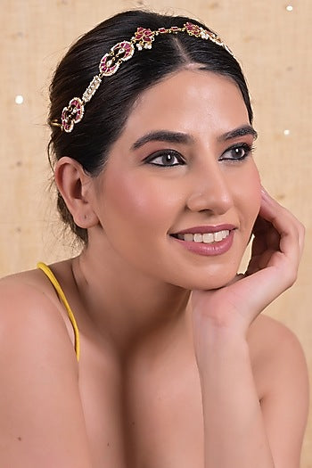 Gold Plated Pink Jadau Kundan Polki Headband