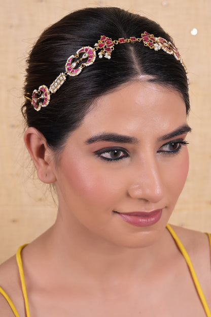 Gold Plated Pink Jadau Kundan Polki Headband