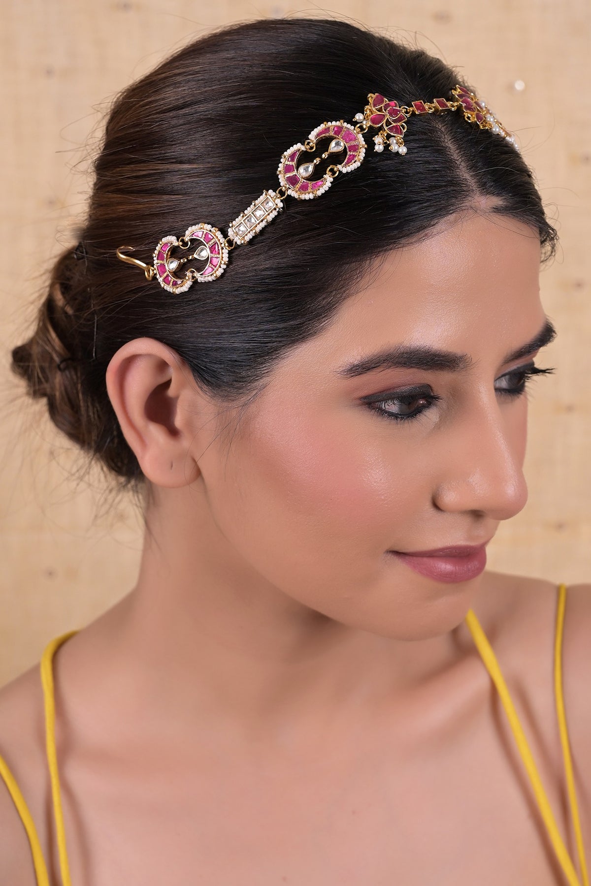 Gold Plated Pink Jadau Kundan Polki Headband