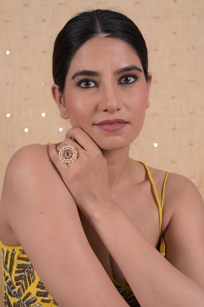 Gold Plated Multi-Colored Jadau Kundan Polki Ring
