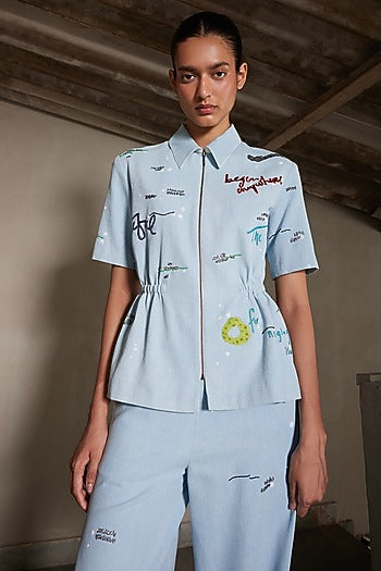 Light Blue Washed Denim Drawstring Top
