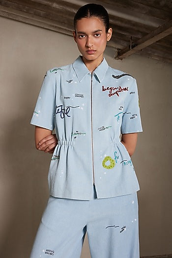Light Blue Washed Denim Drawstring Top