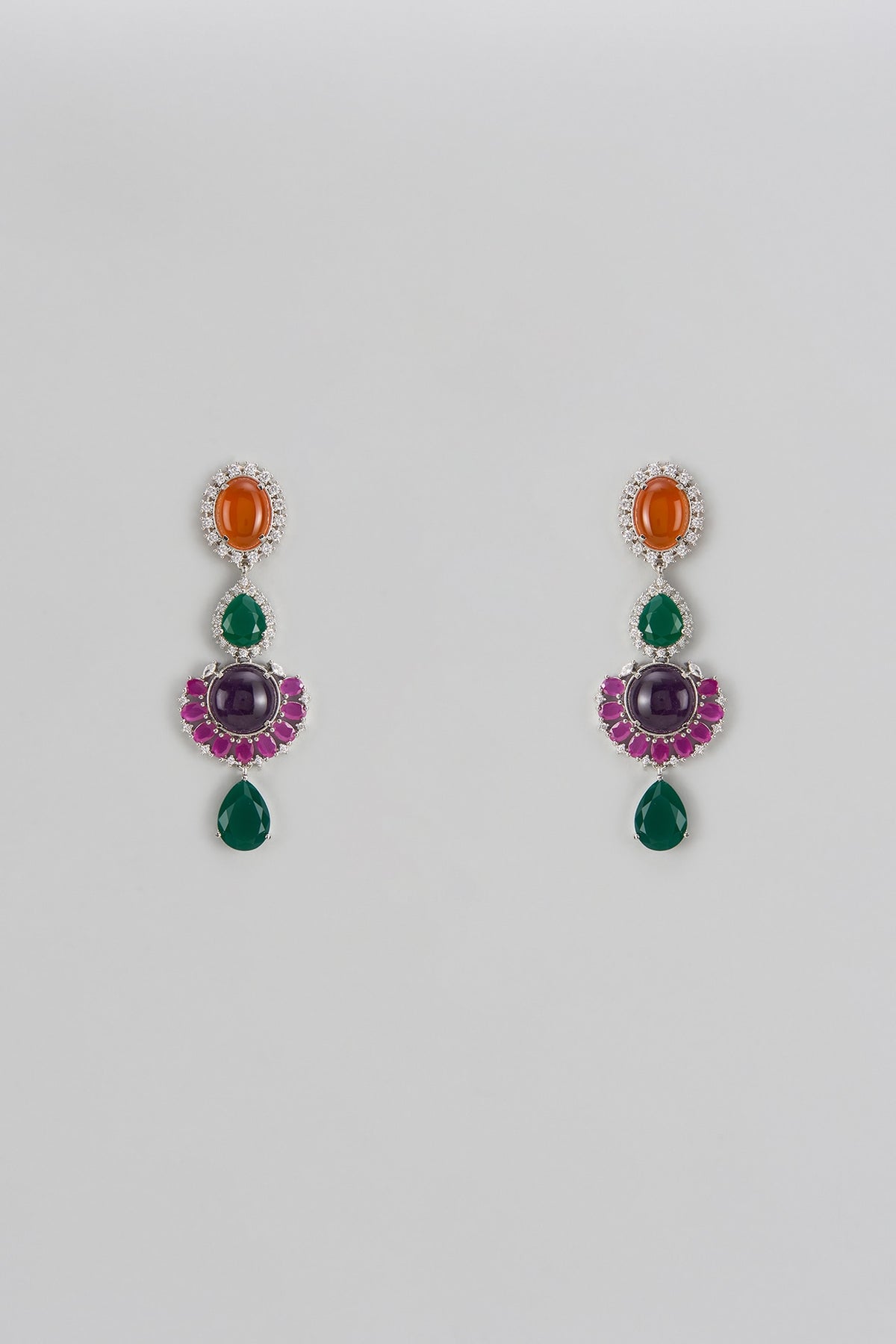 White Finish Multi-Colored Stone Dangler Earrings