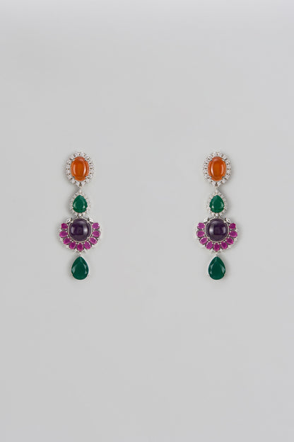White Finish Multi-Colored Stone Dangler Earrings