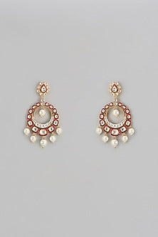 Gold Finish Kundan Polki & Pearl Enamelled Chandbaali Earrings