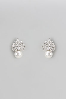 White Finish Zircon & Pearl Stud Earrings