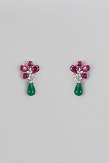 White Finish Zircon & Green Drop Stud Earrings