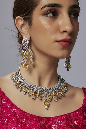 White Finish Yellow Stone & Zircon Necklace Set