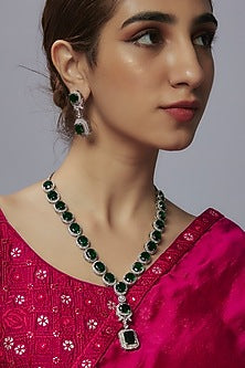 White Finish Emerald Stone & Zircon Long Necklace Set
